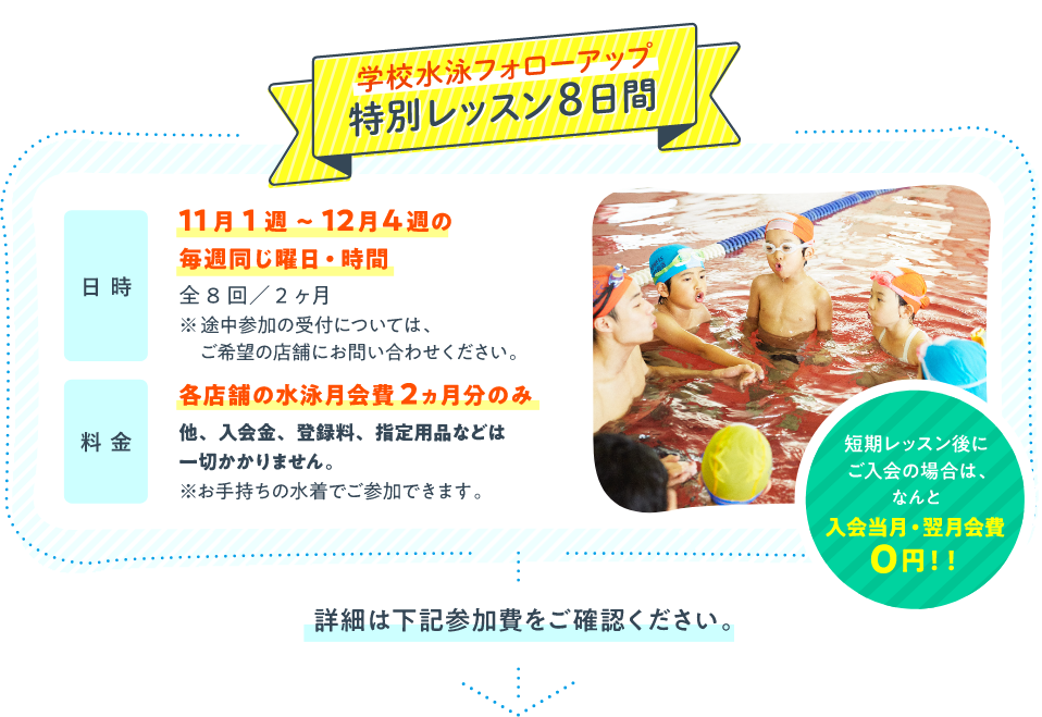 短期レッスン後にご入会の場合は、なんと入会当月・翌月会費0円!!