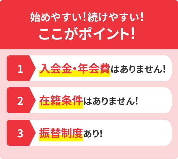 始めやすい!続けやすい!ここがポイント! 1 入会金・年会費はありません! 2 在籍条件はありません! 3 振替制度あり!