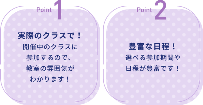 Point1 実際のクラスで！ 開催中のクラスに参加するので、教室の雰囲気がわかります！ Point2 豊富な日程！ 選べる参加期間や日程が豊富です！