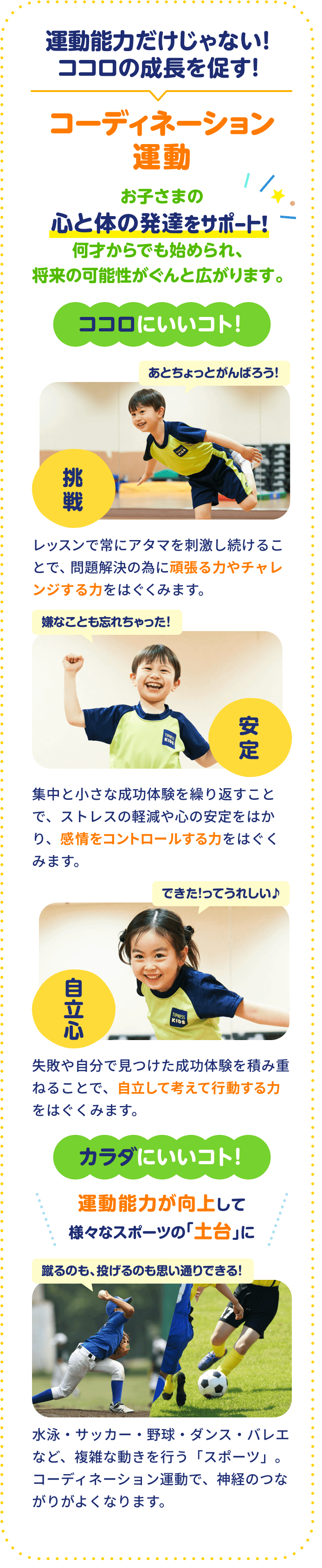 運動能力だけじゃない！ココロの成長を促す！ コーディネーション運動 お子さまの心と体の発達をサポート！何才からでも始められ、将来の可能性がぐんと広がります。 ココロにいいコト！ あとちょっとがんばろう！ 挑戦 レッスンで常にアタマを刺激し続けることで、問題解決の為に頑張る力やチャレンジする力をはぐくみます。 嫌なことも忘れちゃった！ 安定 集中と小さな成功体験を繰り返すことで、ストレスの軽減や心の安定をはかり、感情をコントロールする力をはぐくみます。 できた！ってうれしい♪ 自立心 失敗や自分で見つけた成功体験を積み重ねることで、自立して考えて行動する力をはぐくみます。 カラダにいいコト！ 運動能力が向上して様々なスポーツの「土台」に 蹴るのも、投げるのも思い通りできる！ 水泳・サッカー・野球・ダンス・バレエなど、複雑な動きを行う「スポーツ」。 コーディネーション運動で、神経のつながりがよくなります。
