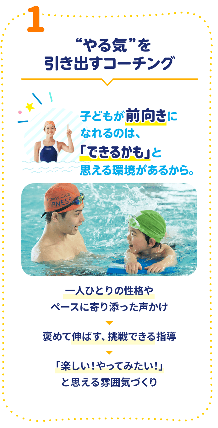 1 “やる気”を引き出すコーチング 子どもが前向きになれるのは、「できるかも」と思える環境があるから。 一人ひとりの性格やペースに寄り添った声かけ→褒めて伸ばす、挑戦できる指導→「楽しい！やってみたい！」と思える雰囲気づくり