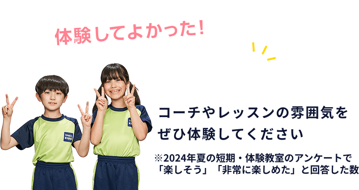 体験してよかった!の声が91.8%※コーチやレッスンの雰囲気をぜひ体験してください※2024年夏の短期・体験教室のアンケートで「楽しそう」「非常に楽しめた」と回答した数